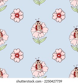 Seamless pattern with cute ladybug on flower on light blue background. Vector illustration. Endless background for childrens collection, decor, design, textiles, packaging, wallpaper