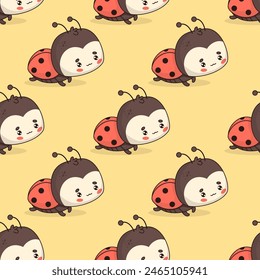 Seamless pattern with cute Ladybug on yellow background. Vector illustration. Cartoon insect kawaii character. Kids collection