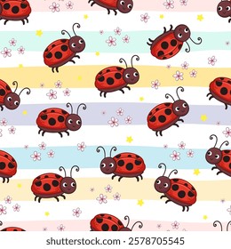 Seamless pattern with cute ladybug on a background. Vector illustration with insect in cartoon style.