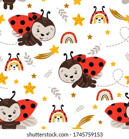 Seamless Pattern With Cute Ladybug - Vector Illustration, Eps