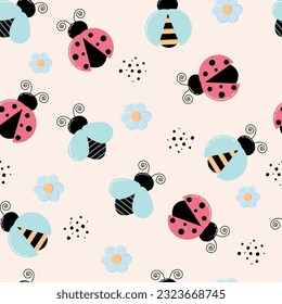 Seamless pattern with cute ladybugs, bees and flies. Vector background with colorful insects. Template for fabric, packaging, office, wallpaper. Cartoon style.