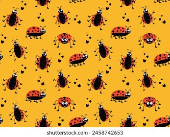 Seamless pattern with cute ladybugs in cartoon style. Vector illustration for print, wallpaper, background, wrapping paper, textile.