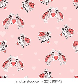 Seamless pattern with cute ladybugs. Cupid insect with an arrow and couple in love with heart on pink background. Vector illustration. romantic endless valentine background