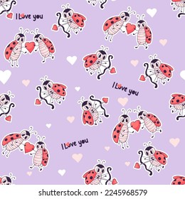 Seamless pattern with cute ladybugs. Cupid with an arrow and couple of little insects in love on purple background. Vector illustration in doodle style. Endless background for valentines, wrapping