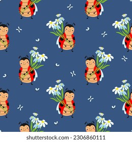Seamless pattern with cute ladybugs with daisy flowers on a blue background.  Funny summer texture for wrapping paper or textile in vector.