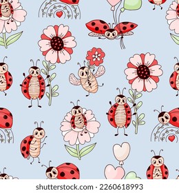 Seamless pattern with cute ladybugs with flowers, rainbow and balloons on light blue background. Vector illustration. Endless background for decor, design, textiles, packaging, wallpaper.