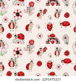 Patrón sin foco con adorables ladybugs con flores y arcoiris sobre fondo claro. Ilustración vectorial. Antecedentes interminables de decoración, diseño, textiles, embalaje, papel pintado