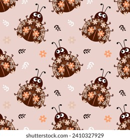 Nahtloses Muster, süße Marienkäfer in Blumen auf hellem Hintergrund. Babyhintergrund, Druck, Textil, Vektorgrafik
