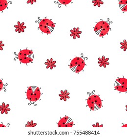 Seamless pattern with cute ladybugs and flowers. Vector kids background.