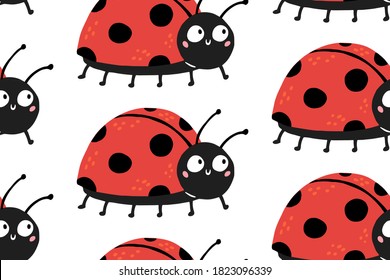 Seamless pattern with cute ladybugs with funny surprised eyes. Vector illustration can be used for fabric, wrapping, wallpapers, web page backgrounds, textile.