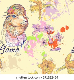 seamless pattern of cute lama and  flower and blots of paint