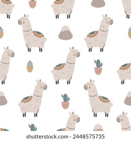 Seamless pattern with cute lama. For for kids design, fabric, wrapping, cards, textile, wallpaper, apparel. Isolated vector cartoon illustration in flat style on white background.