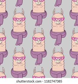Seamless pattern with cute Lama with trendy glasses and scarf. Print for fabric, t-shirt, poster. Vector illustration
