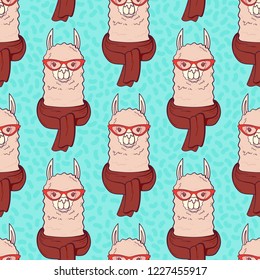 Seamless pattern with cute Lama with trendy glasses and scarf. Print for fabric, t-shirt, poster. Vector illustration
