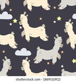 Seamless pattern with cute lamas among the stars. Decorative wallpaper for the nursery in a cartoon style. Vector. Suitable for children's clothing, interior design, packaging, printing.