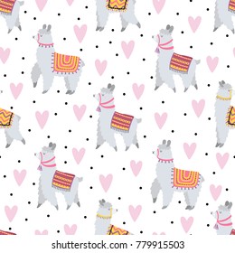 Seamless pattern with cute lamas in love.