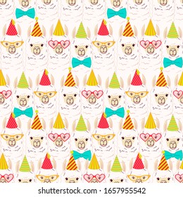 Seamless pattern with cute Lamas in party caps. Vector illustration