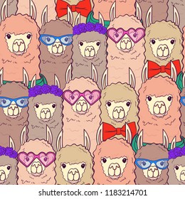 Seamless pattern with cute Lamas with trendy accessories - glasses, bow-tie, flowers, scarf. Print for fabric, t-shirt, poster. Vector illustration
