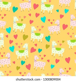 Seamless pattern with cute lamas. Valentines Day, wallpaper, textile design, fabric pattern, packaging paper design.