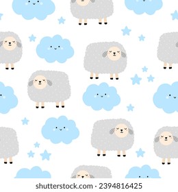 Seamless pattern with cute lamb, cloud and star for your fabric, children textile, apparel, nursery decoration, gift wrap paper, baby's shirt. Vector illustration