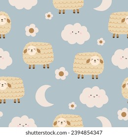 Seamless pattern with cute lamb, cloud, moon and flower for your fabric, children textile, apparel, nursery decoration, gift wrap paper, baby's shirt. Vector illustration