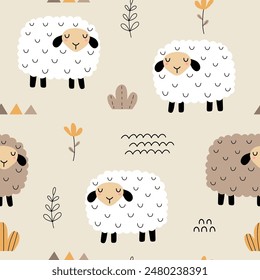 Seamless pattern with cute lamb and flowers for your fabric, children textile, apparel, nursery decoration, gift wrap paper, baby's shirt. Vector illustration