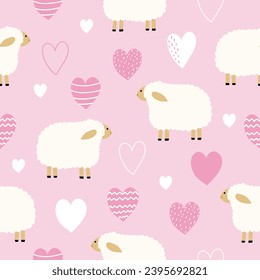 Seamless pattern with cute lamb and hearts for your fabric, children textile, apparel, nursery decoration, gift wrap paper, baby's shirt. Vector illustration