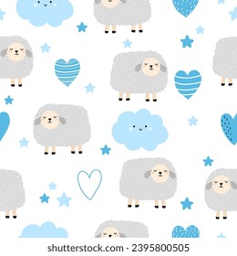 Seamless pattern with cute lamb and hearts for your fabric, children textile, apparel, nursery decoration, gift wrap paper, baby's shirt. Vector illustration