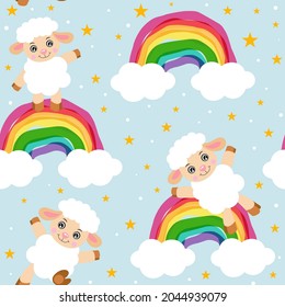 Seamless pattern of cute lamb and rainbow sky