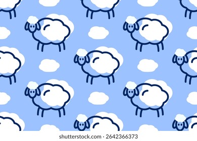 Seamless pattern with cute lamb, sheep and fluffy clouds for fabrics, baby textiles, clothing, wallpaper, packaging. Vector linear illustration of a lamb on a blue background