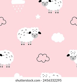 	
Seamless pattern with cute lamb and weather, cloud, rain, star for your fabric, children textile, apparel, nursery decoration, gift wrap paper. Vector illustration