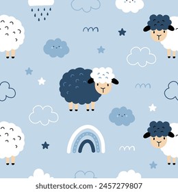 Seamless pattern with cute lamb and weather, cloud, rain, star for your fabric, children textile, apparel, nursery decoration, gift wrap paper. Vector illustration