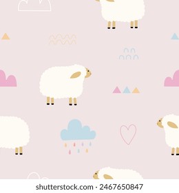Seamless pattern with cute lamb, weather, cloud, and rain for your fabric, children textile, apparel, nursery decoration, gift wrap paper. Vector illustration