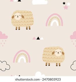 Seamless pattern with cute lamb and weather, cloud, rain, star for your fabric, children textile, apparel, nursery decoration, gift wrap paper. Vector illustration