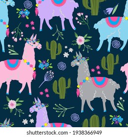 Seamless pattern with a cute lamma and cactus. Pink Background for wrapping paper, rucksack, clothes, fabric, textiles, wallpaper, socks, web, cards. Vector animal illustration for kids.