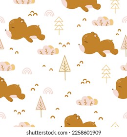 Seamless pattern with cute lazy bear. Seamless vector children's background. Printing on paper, textile, fabric, wallpaper