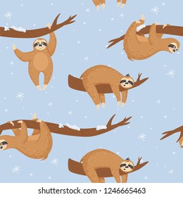 Seamless pattern with cute lazy sloths. Vector illustration for textile, postcard, wrapping paper, poster, background, cover, t-shirt.
