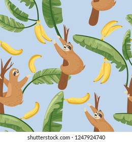 Seamless pattern with cute lazy sloths and exotic palm banana leaf. Vector jungle floral background for textile, postcard, wrapping paper, cover, t-shirt.