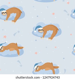 Seamless pattern with cute lazy sloths. Animals sleeping on a cloud. Vector background for textile, postcard, wrapping paper, cover, t-shirt.