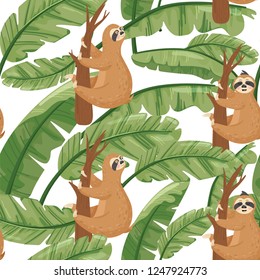 Seamless pattern with cute lazy sloths and exotic palm banana leaf. Vector jungle floral background for textile, postcard, wrapping paper, cover, t-shirt.