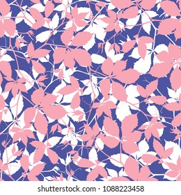 Seamless pattern with cute leaves silhouettes on white background. Graphic background. Summer concept. Design element for textile, fabrics, scrapbooking, wallpaper and etc. Vector illustration.