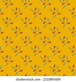 Seamless pattern of cute leaves. Yellow cartoon boho background. For textile, fabric, postcard, poster