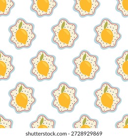 Seamless pattern with cute lemon charms on white background. Stylish doodle cartoon fruit for nursery textiles, summer packaging and stationery. Minimalist modern yellow citrus wallpaper