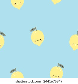 Seamless pattern with cute lemon fruits on a blue background. Vector illustration for printing. Cute children's background.