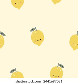 Patrón sin costuras con lindas frutas de limón sobre un fondo amarillo. Ilustración vectorial para impresión. Fondo de los niños lindos.