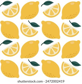 Patrón sin costuras con lindas frutas de limón y hojas. Vector colorido fondo cítrico en estilo plano