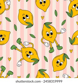 seamless pattern with cute lemon on a striped background