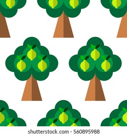 Seamless pattern with cute lemon trees in flat style on the white background. Vector.