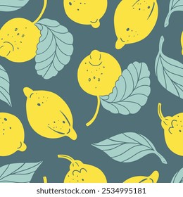 Patrón sin fisuras con lindos limones y hojas, Ilustración vectorial dibujada a mano