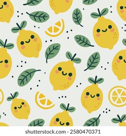Seamless pattern with cute lemons, leaves, and lemon slices. Perfect for kids designs, fabric prints, packaging, and digital projects.